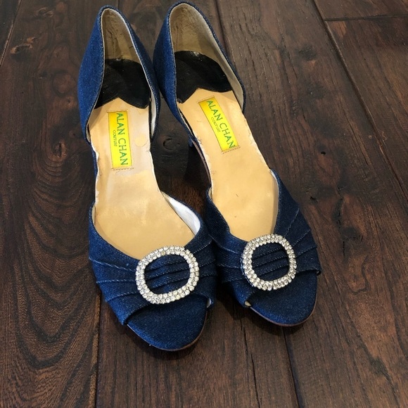 Alan Chan Denim Blue Kitten Heels Size 37.5 - Picture 1 of 10